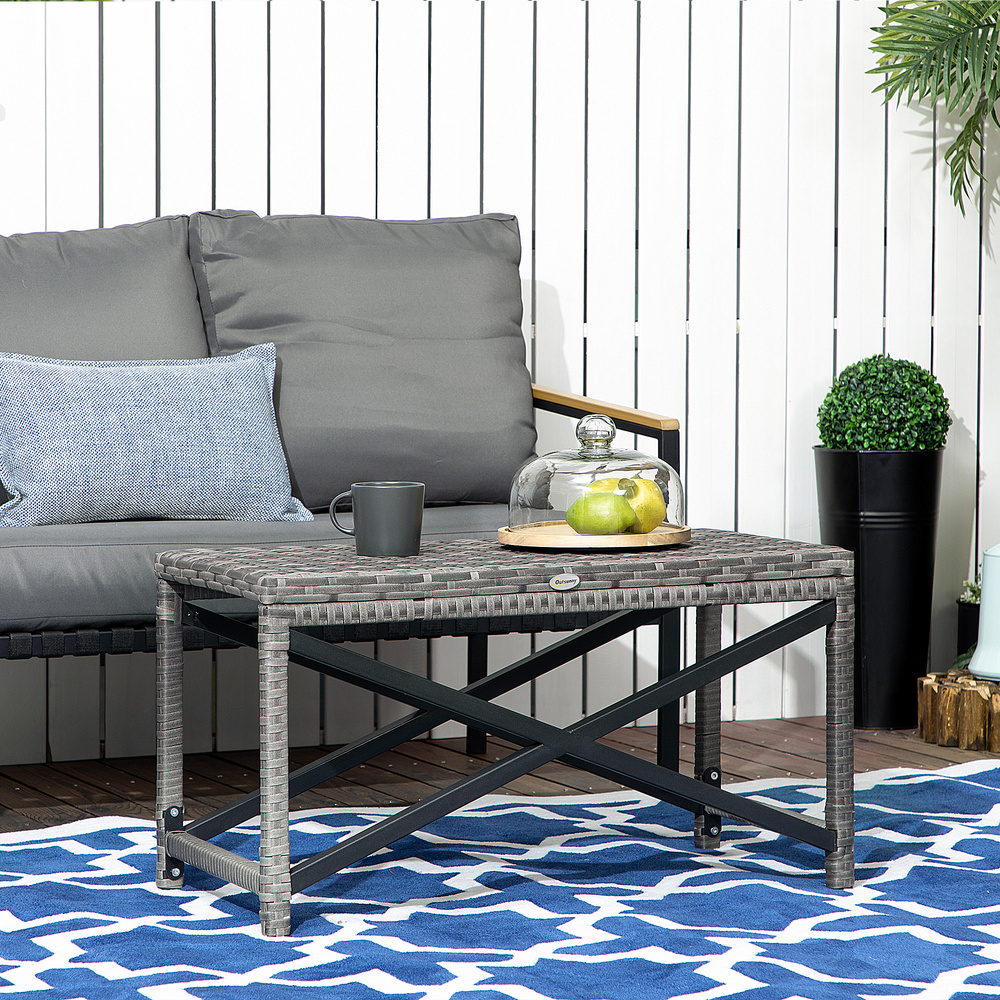 Outsunny Outdoor Coffee Table, Garden PE Rattan Side Table with Plastic Board Under the Full Woven Table Top and X-Shaped Frame for Patio, Balcony, Mixed Grey