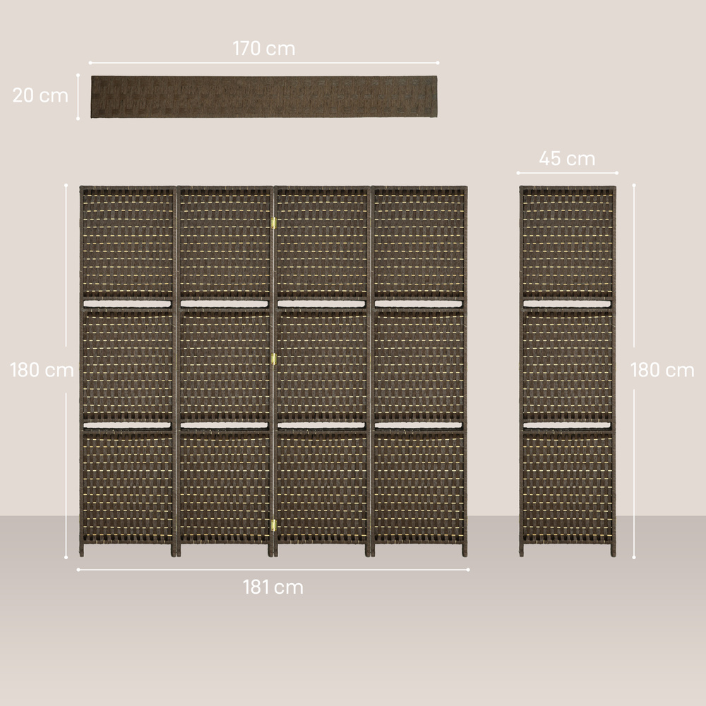 HOMCOM 4-Panel Room Dividers with Shelves, Wave Fibre Freestanding Folding Privacy Screen Panels, Partition Wall Divider for Indoor Bedroom Office, 180 cm, Brown