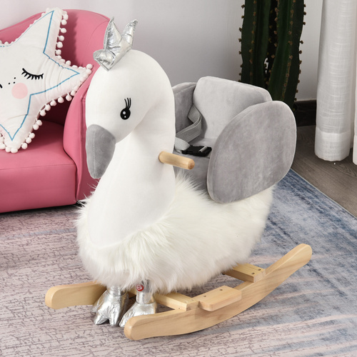 HOMCOM Kids Rocking Horse, Children Plush Ride On Swan Animal Rocker w/ Sound, Wood Base Seat, Safety Belt, Baby Toy Rocker for Toddler 18 - 36 Months, White and Grey