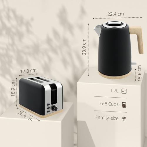 HOMCOM Stainless Steel Kettle and Toaster Set, 1.7L 3000W Fast Boil Kettle & 2 Slice Toaster Kitchen Set with 7 Level Browning Controls, Defrost, Reheat, Auto Off, Boil-dry Protection, Black