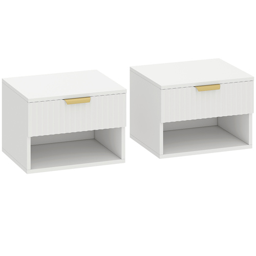 HOMCOM Floating Nightstands Set of 2, Modern Wall Mounted Bedside Tables with Fluted Drawer and Open Shelf for Bedroom, White