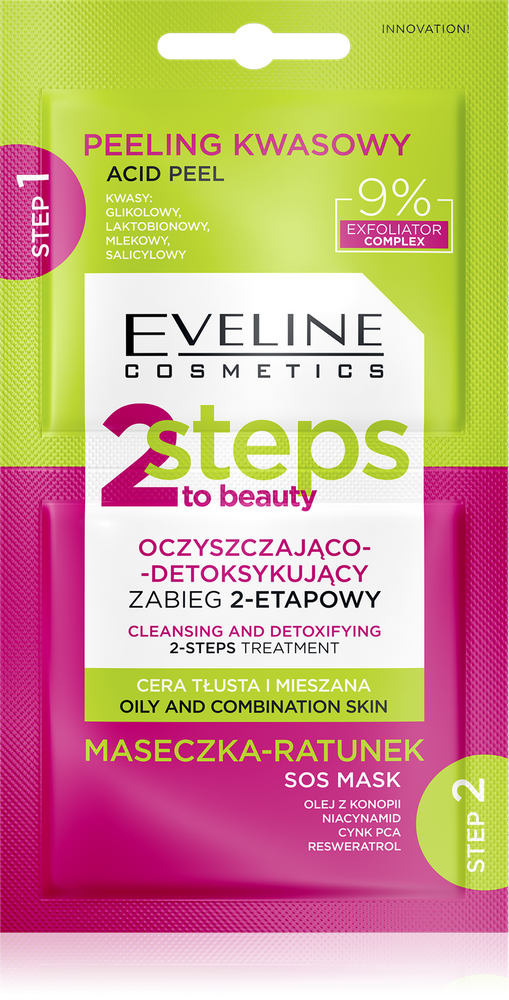 Eveline 2 Steps To Beauty Oczyszczająco-Detoksykujący Zabieg 2-Etapowy dla Skóry Tłustej i Mieszanej 2x4ml