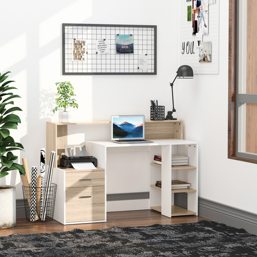 HOMCOM Computer Desk with Drawers and Storage Shelves, Office Desk Writing Table with Printer Stand, Large Workstation for Study Play Work Home Office, 137 x 55 x 92cm, Oak