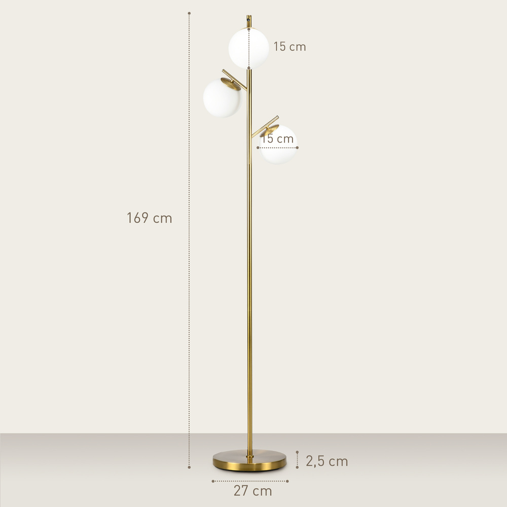 HOMCOM 3-Light Tree Floor Lamps for Living Room, Modern Standing Lamp for Bedroom with Globe Lampshade, 3000K/4000K/6000K Colour Temperatures, Steel Base, Gold Tone