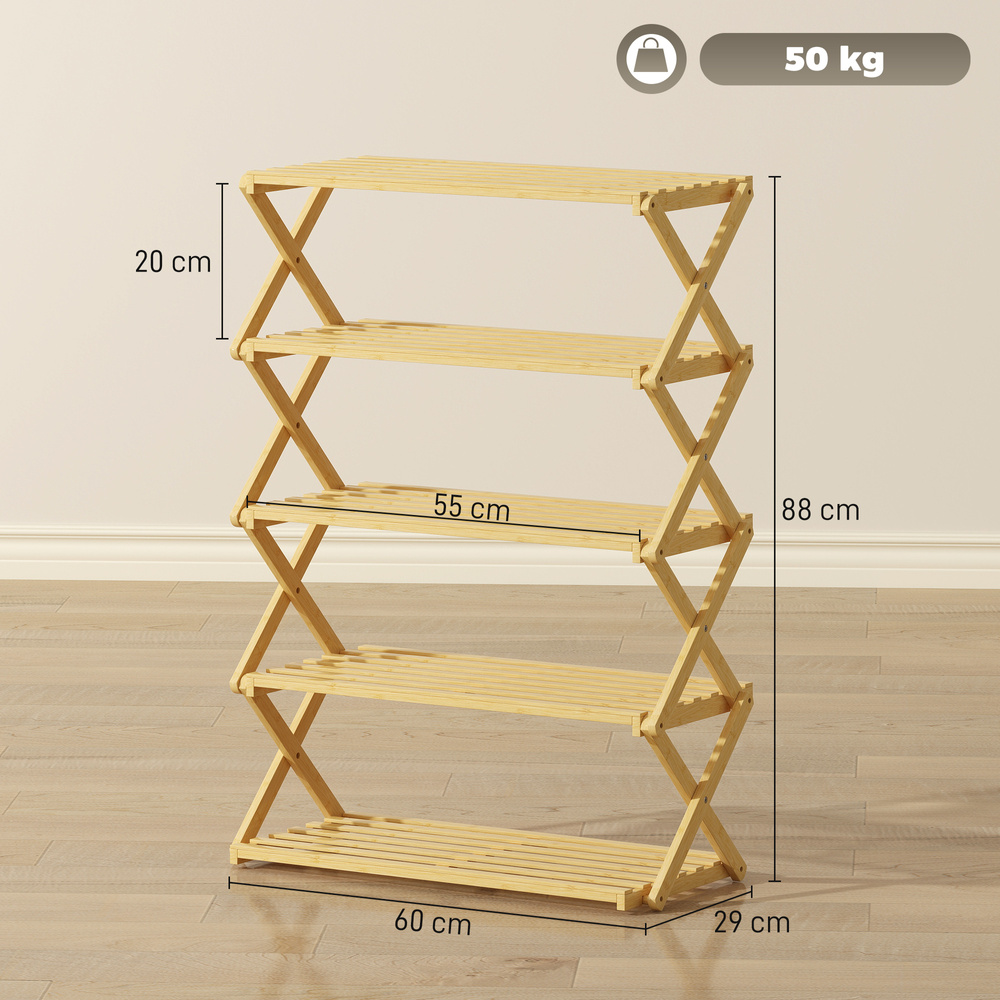 HOMCOM Five-Tier Folding Bamboo Shoe Rack - Natural Finish