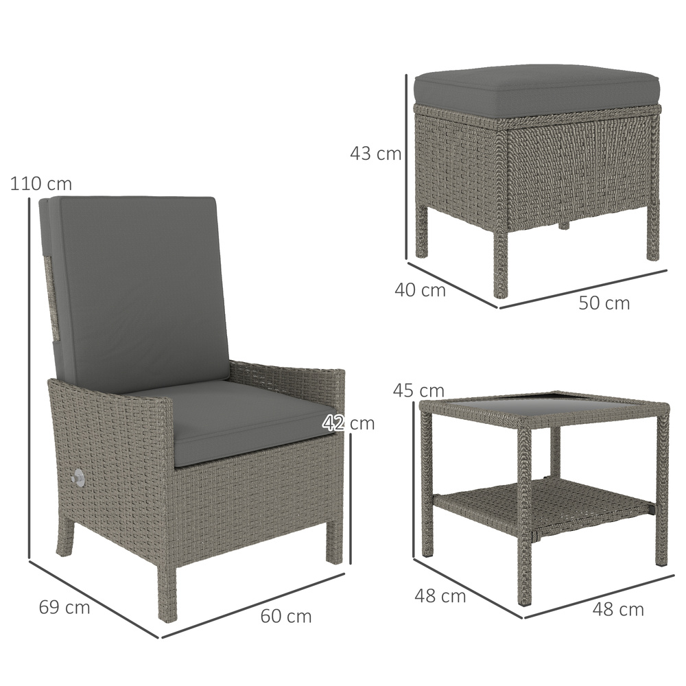 Outsunny 5 Piece Rattan Garden Furniture Set, Wicker Patio Sofa Set with 2 Armchairs, 2 Footstools, Glass Top Coffee Table with Shelf, Outdoor Furniture with Adjustable Backrests, Cushions, Dark Grey