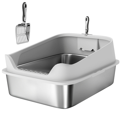 PawHut XXL Stainless Steel Cat Litter Box with High Sides, Metal Scoop, 70 x 50 x 30 cm