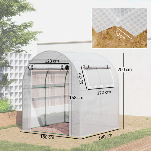 Outsunny Walk in Polytunnel Greenhouse, Green House for Garden with Roll-up Window and Door, 1.8 x 1.8 x 2 m, White
