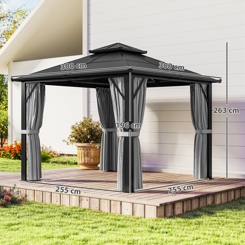 Outsunny 3 x 3(m) Hardtop Gazebo Canopy with UPF30+ Double Polycarbonate Roof, Aluminium Frame Garden Gazebo Permanent Pavilion with Mosquito Netting and Curtains for Patio, Deck, Grey