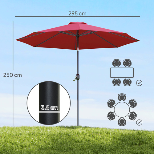Outsunny 3(m) Tilting Parasol Garden Umbrellas, Outdoor Sun Shade with 8 Ribs, Tilt and Crank Handle for Balcony, Bench, Garden, Wine Red