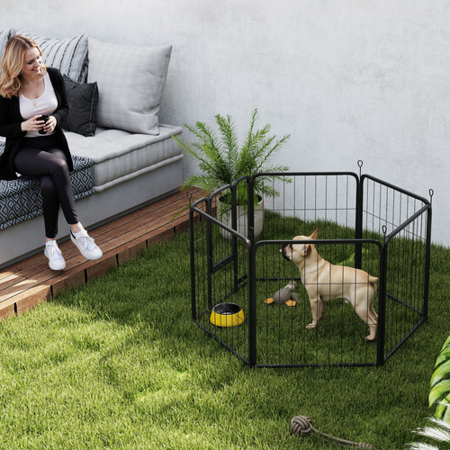 PawHut Six-Panel Dog Playpen with Door, for Small Dogs, Indoors, Outdoors, 60cm Tall, Black
