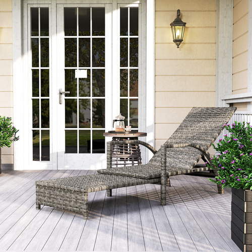 Outsunny Reclining Rattan Lounger, with Extending Footrest - Grey