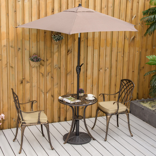 Outsunny 3pc Cast Aluminium Garden Bistro Set for 2 with Parasol Hole, Outdoor Coffee Table Set Rust Resistant with Cushions, Bronze