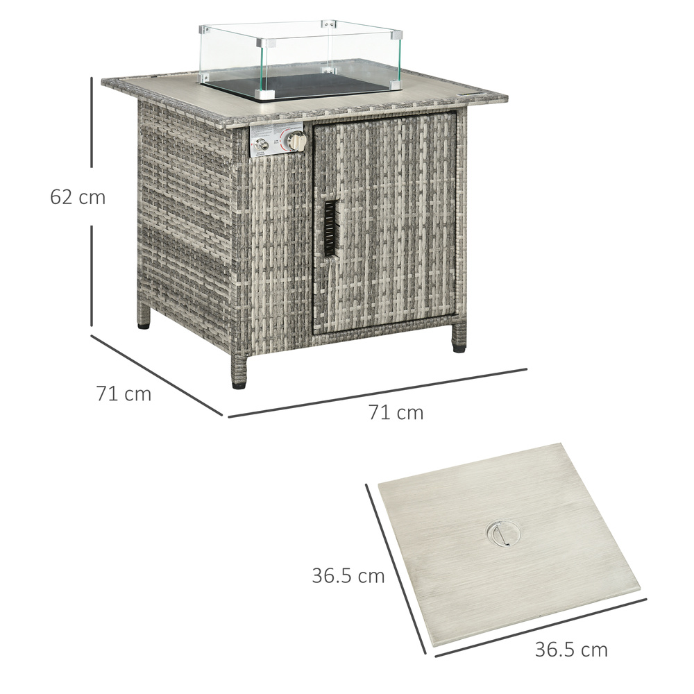 Outsunny 14.5 KW Rattan Gas Fire Pit Dining Table with Rain Cover, Wind Guard, Lid, Lava Rocks, Grey