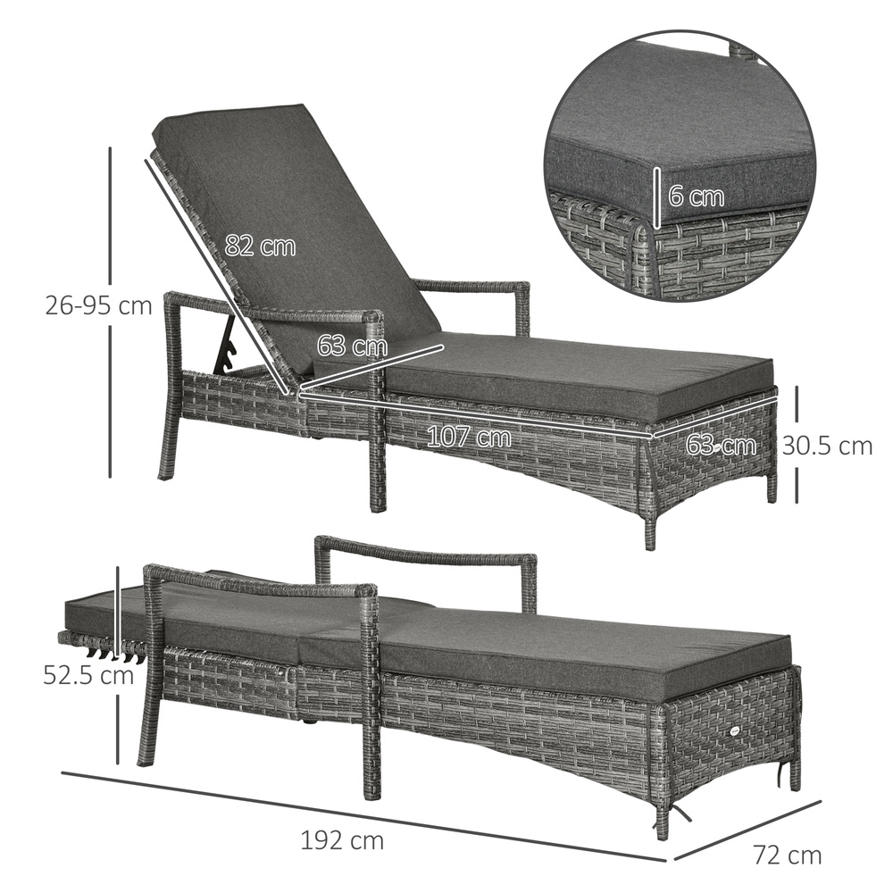 Outsunny Patio Rattan Sun Lounger, Dual Wicker Weave Outdoor Single Reclining Chair Furniture, 5-Level Adjustable Backrest w/ Removeable & Washable Cushion, Mixed Grey