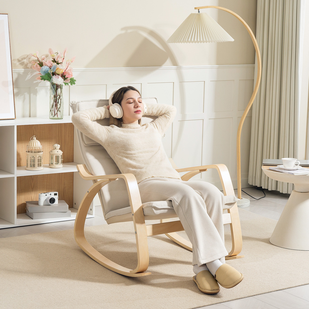 HOMCOM Comfortable Relax Rocking Chair, Upholstered Lounge Chair Recliner with High Back and Headrest for Living Room, Bedroom, Cream White