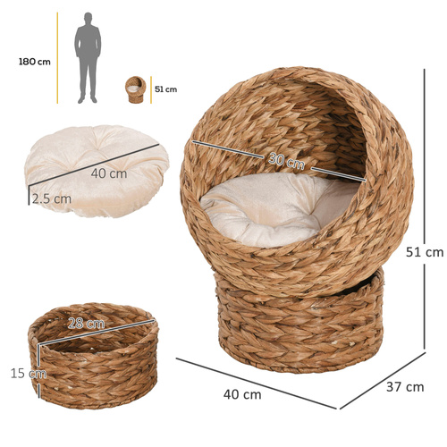 PawHut Wicker Cat Bed, Raised Rattan Cat Basket with Cylindrical Base, Soft Washable Cushion, 40 x 37 x 51 cm - Brown