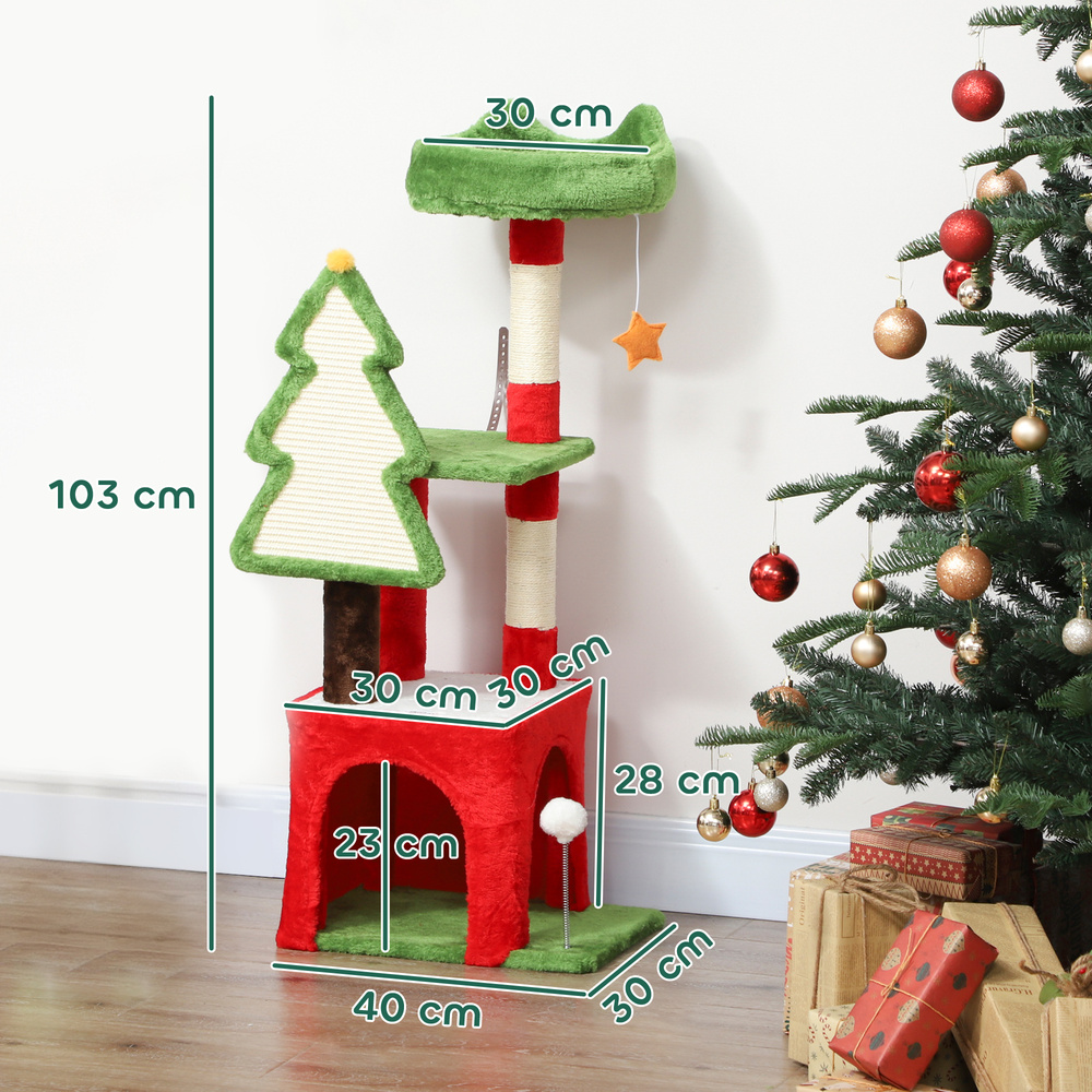 PawHut Christmas Cat Tree, 120cm Cat Tower with Scratching Post & Board, Platform, Toys, Green