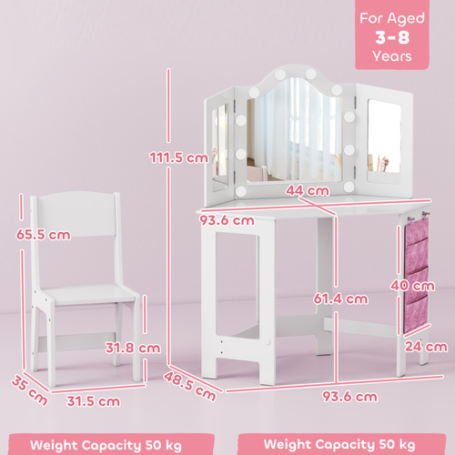 AIYAPLAY Kids Dressing Table and Stool Set, Girls Vanity Table with 2-Colour LED Lights, Tri-Folding Mirror, White