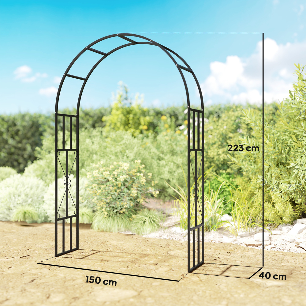 Outsunny Steel Garden Arch, 2.2m High x 1.5m Wide Metal Garden Trellis for Climbing Plants Roses Wisteria Vines, Outdoor Wedding Arch for Bridal Party Ceremony Decoration, Black