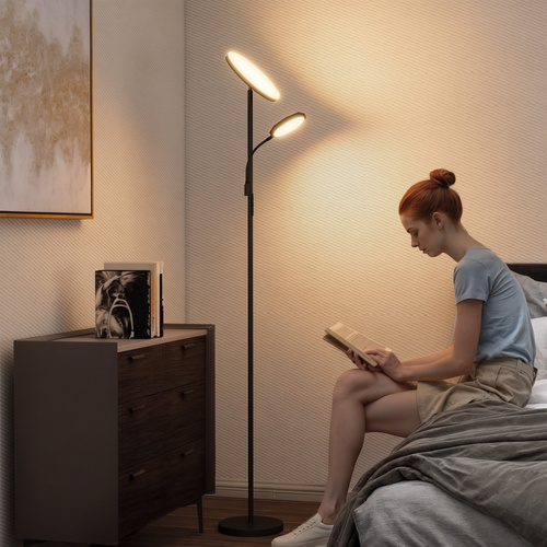 HOMCOM LED Floor Lamp for Living Room, Stepless Dimmable Standing Lamp, Mother and Child Uplighter with Reading Light, 4 Scene Modes, 2700K-6500K Colour Temps, 4 Brightness Levels, Remote Control