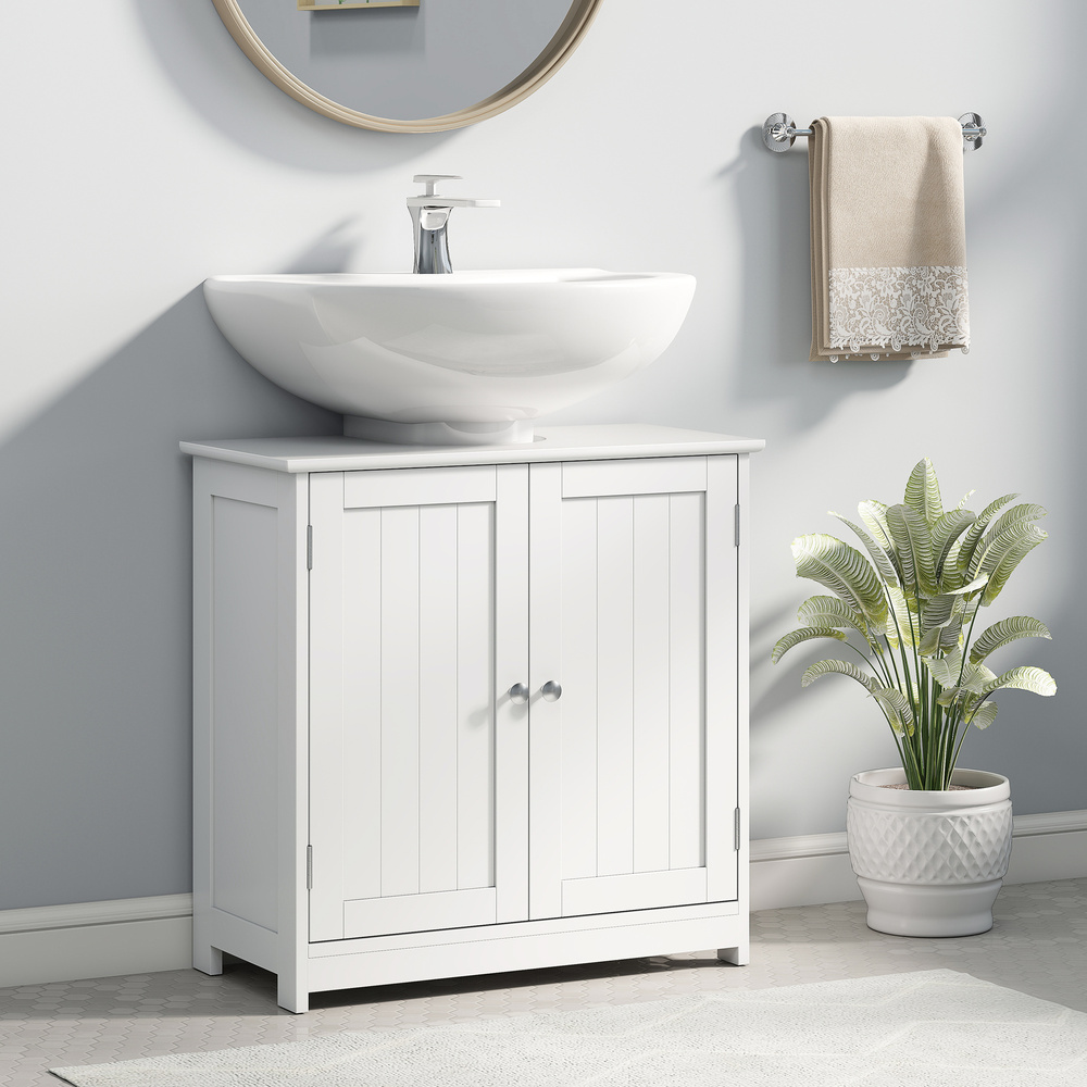 kleankin Under Sink Bathroom Cabinet, Freestanding Under Sink Cabinet with 2 Doors and Adjustable Shelf for Basin without or with Pedestal, White