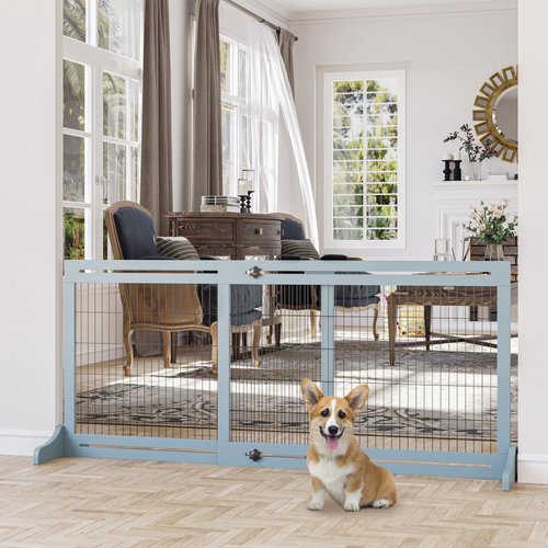 PawHut Freestanding Dog Gate, Foldable Pet Fence, Indoor Wood Barrier, Stair Gate with Support Feet, for Doorway, Hallway, Small and Medium Dogs, 69H x 104-180 cm, Blue-grey