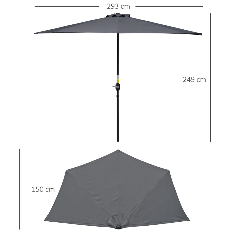 Outsunny 3(m) Half Parasol Semi Round Umbrella Patio Metal Frame Crank Handle for Balcony-- NO BASE INCLUDED, Grey