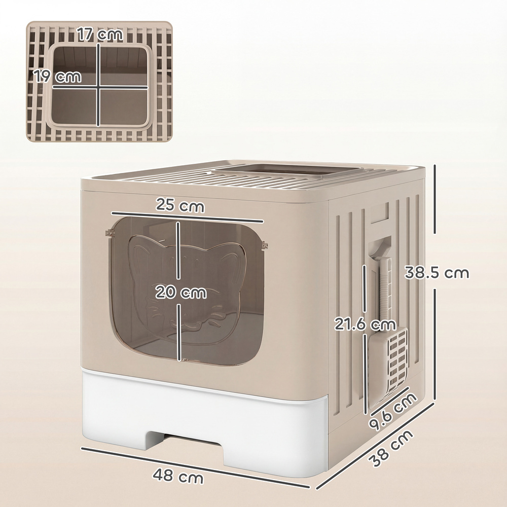 PawHut Foldable Cat Litter Box with Lid, Slide-Out Drawer, Scoop, Easy Clean, Odour Control, Anti-Splashing, Khaki