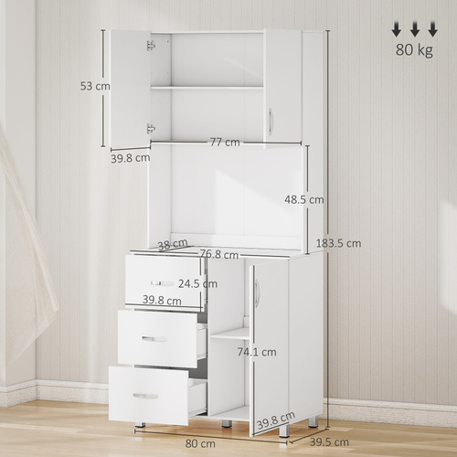 HOMCOM 183.5cm Free standing Kitchen Cupboard, Storage Cabinet with Doors and Sheleves, 3 drawers and Open Space, Adjustable Height Storage Unit, White