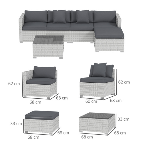 Outsunny 6 Pieces Rattan Corner Sofa Set - Mixed Grey
