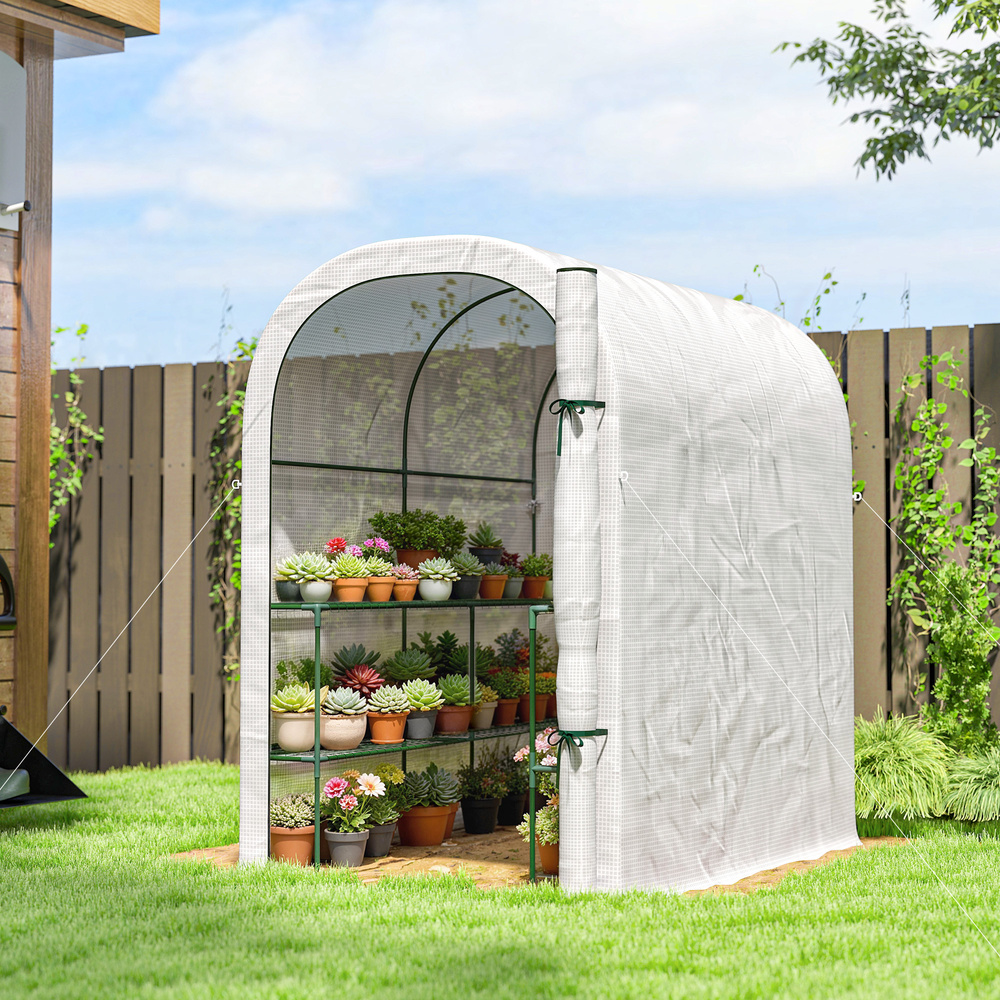 Outsunny Walk-in Greenhouse with Shelves, Small Greenhouse with PE Cover and Roll-up Door, 123 x 187 x 189 cm, White