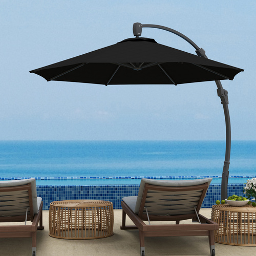 Outsunny 3(m) Garden Cantilever Parasol, Round Overhanging Umbrella with Crank Handle, Cross Base, Aluminium Frame and 360° Rotation, Banana Patio Umbrella for Outdoor Sun Shade, Black