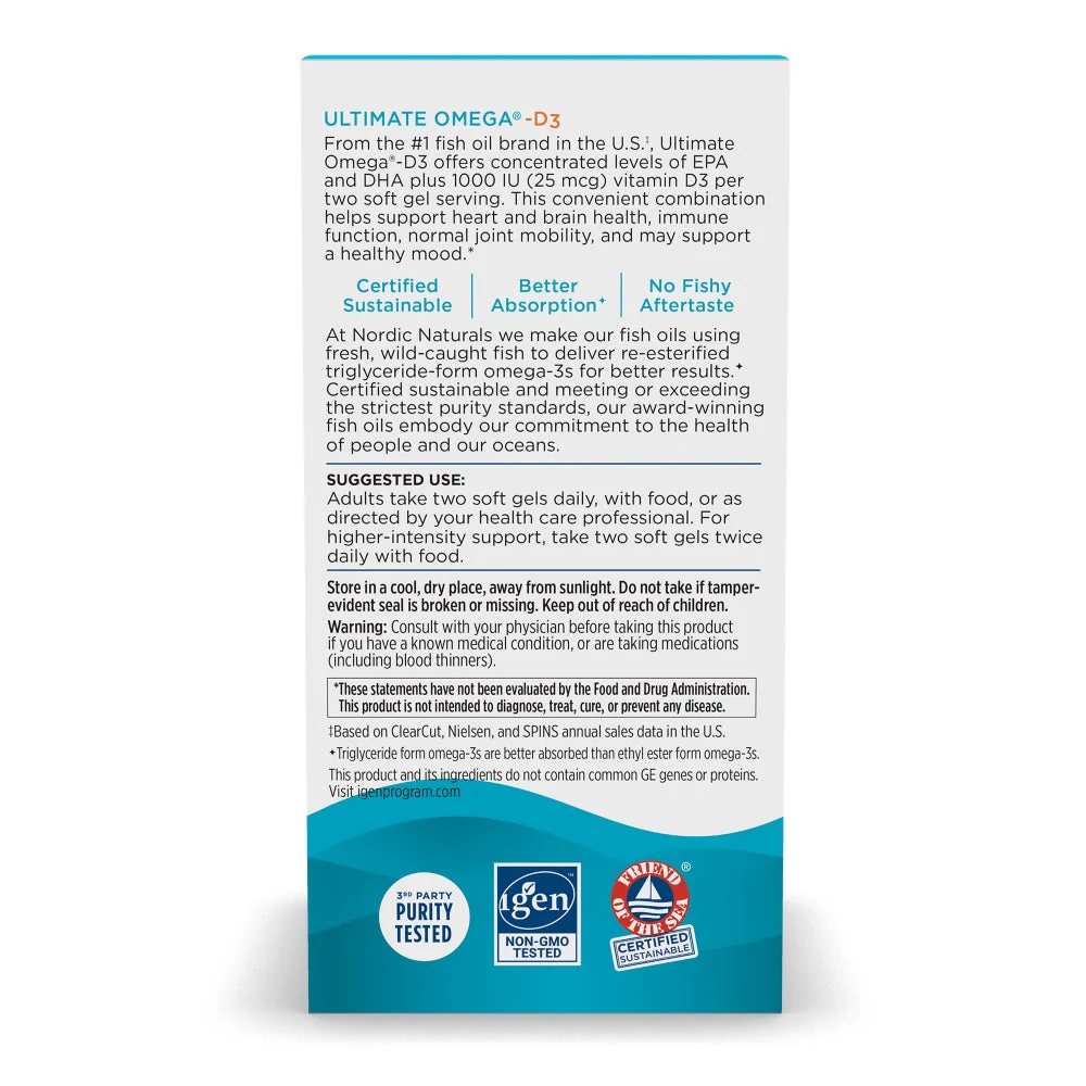 Nordic Naturals Ultimate Omega-D3 Fish Oil 1280mg Supports Body Immune System Heart and Brain Lemon 60 Softgels