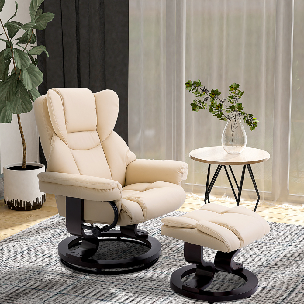 HOMCOM 360° Swivel Recliner Chair with Footstool, PU Leather Manual Recliner Armchair with Footstool, Solid Wood Base, Upholstered Reclining Chair for Living Room, Bedroom, Office, Cream