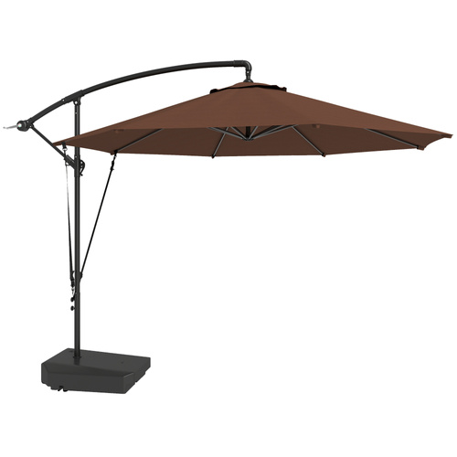 Outsunny 3(m) Garden Cantilever Parasol with Fillable Base up to 90kg, Wind Protection Strap, Cover, Round Banana Hanging Umbrella with Crank Handle and Tilt, UPF50+ Patio Umbrella, Brown