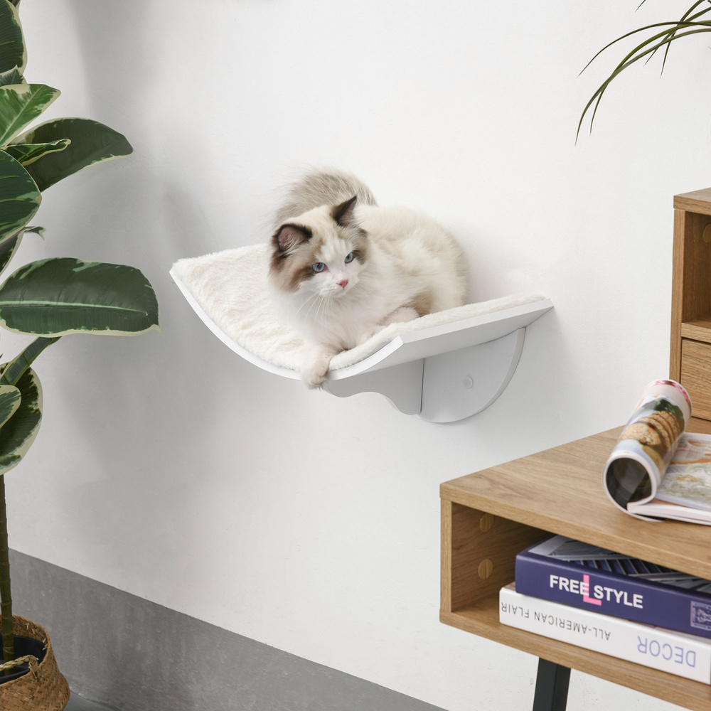 PawHut Wood Cat Shelves, Wall-Mounted Cat Shelter, Curved Kitten Bed Perch Climber Furniture 41 x 28 x 21cm White