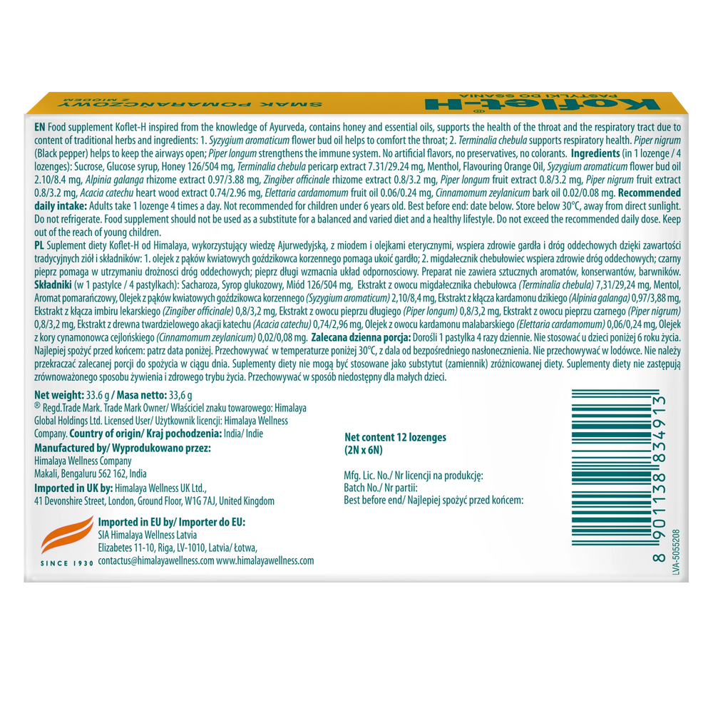 Himalaya Koflet-H Orange Supports Respiratory Health 12 Lozenges