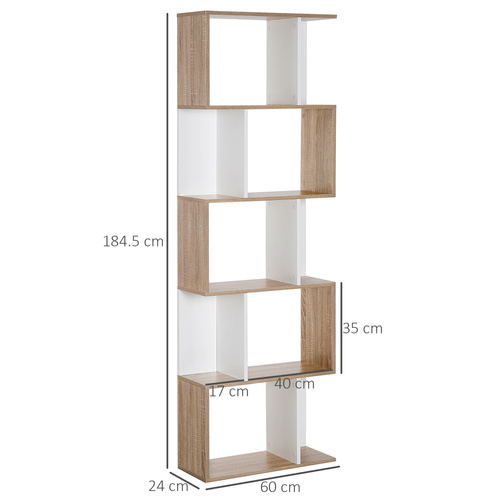 HOMCOM Bookcase, S-Shaped Wooden Bookshelf, 5/6 Tiers Freestanding Storage Shelf, Home Office Decorative Display Stand Rack, Oak and White, 24D x 60W x 184.5H