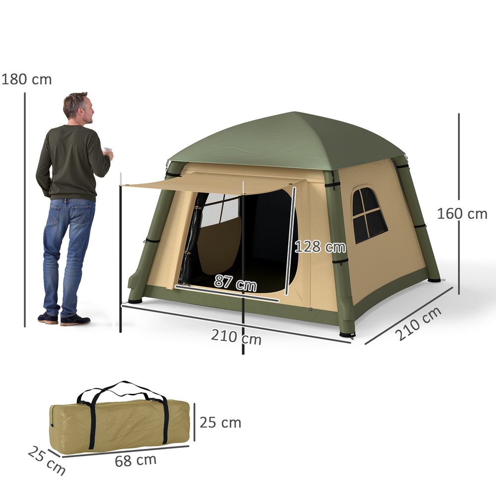 Outsunny Inflatable Camping Tent w/ Hand Pump, Easy Setup 1/2 Person Blow Up Tent Waterproof 190T Taffeta w/ Mesh Windows, Doors and Carry Bag, Brown