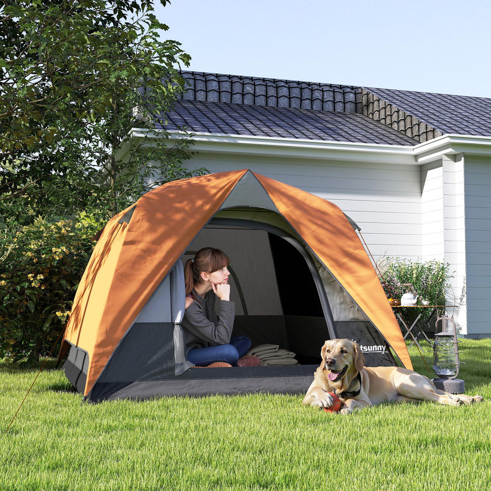 Outsunny 3-4 Person Camping Tent, Easy Set Up Waterproof Dome Tent with Sewn-in Groundsheet, Mesh Windows, Pocket and Hook for Camping, Hiking, Backpacking, Orange and Grey