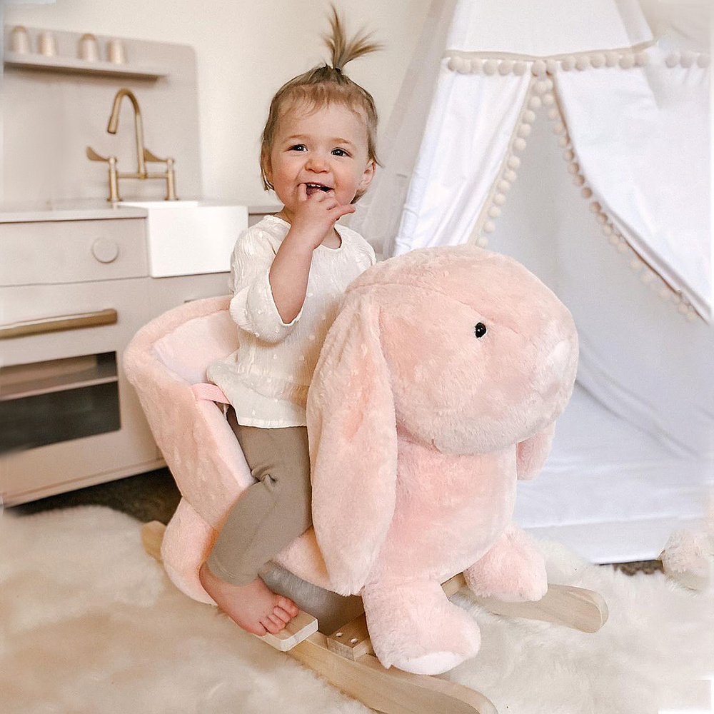 HOMCOM Kids Rocking Rabbit, Plush Rocking Horse Ride-On w/ Sound, Wood Base, Seatbelt, for Ages 18-36 Months, Pink