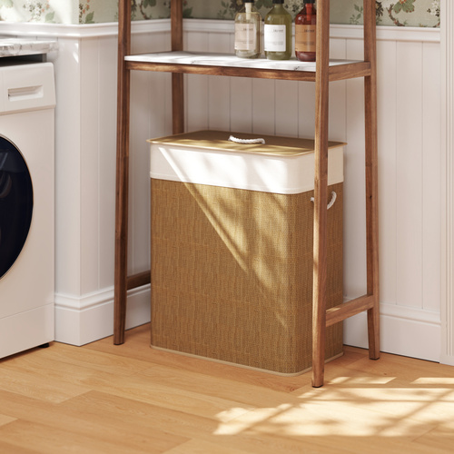 HOMCOM Double Laundry Basket with Lid, 100L Bamboo Laundry Hamper with Rope Handles, Washing Basket with Removable Liner for Bathroom, Bedroom, Brown