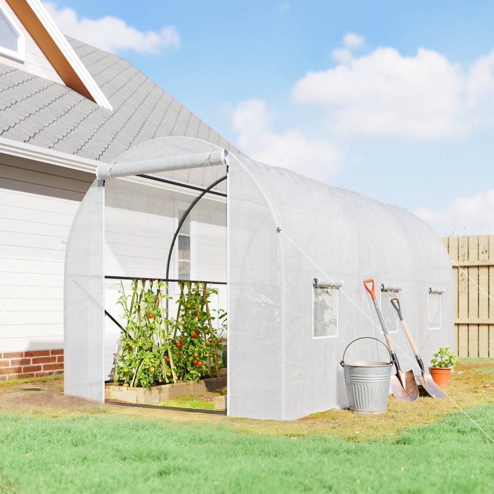 Outsunny 3.5 x 2 x 2 m Polytunnel Greenhouse, Walk-in Green House for Garden with Mesh Windows, Galvanised Steel Frame, White