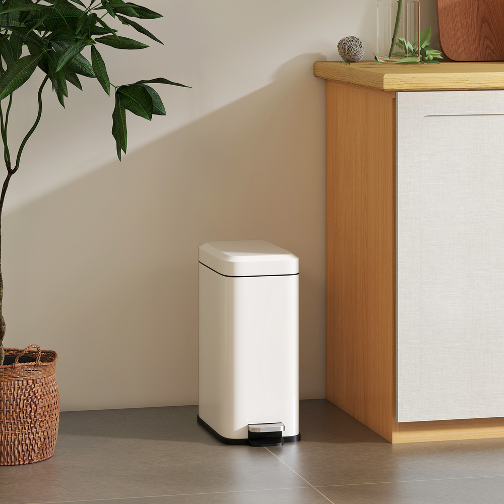 HOMCOM 5L Rectangular Compact Bin Steel Body Removable Bucket Quiet-Close Lid w/ Pedal Lid Rubbish Trash Can Home Office Bedroom Bathroom Living Room Garbage Tidy Clean White