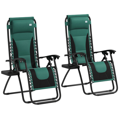 Outsunny Zero Gravity Lounger Chair Set of 2, Folding Reclining Patio Chair with Padded Seat, Cup Holder, Soft Cushion and Headrest for Poolside, Camping, Green