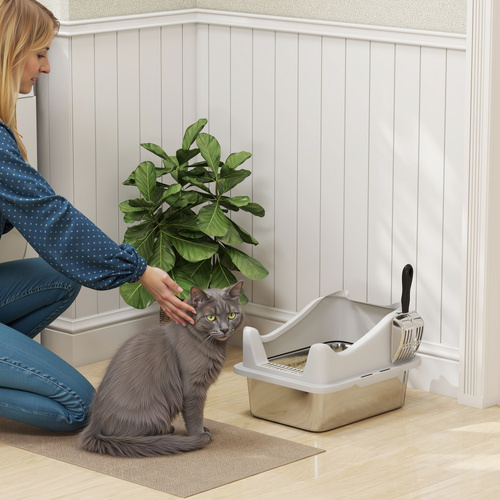 PawHut Stainless Steel Cat Litter Box with High Sides, Metal Scoop, 43 x 33 x 25 cm