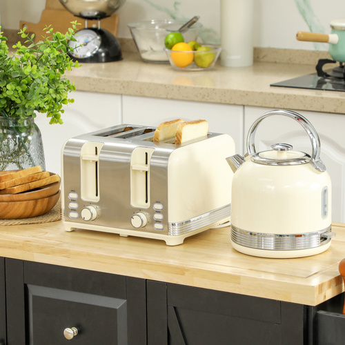HOMCOM Polished Stainless Steel Kettle and Toaster Set - Cream