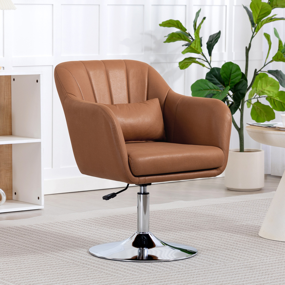 HOMCOM Swivel Microfibre Accent Chair for Living Room Contemporary Vanity Armchair with Adjustable Height Thick Cushion Lumbar Support Armrest for Bedroom Office Brown