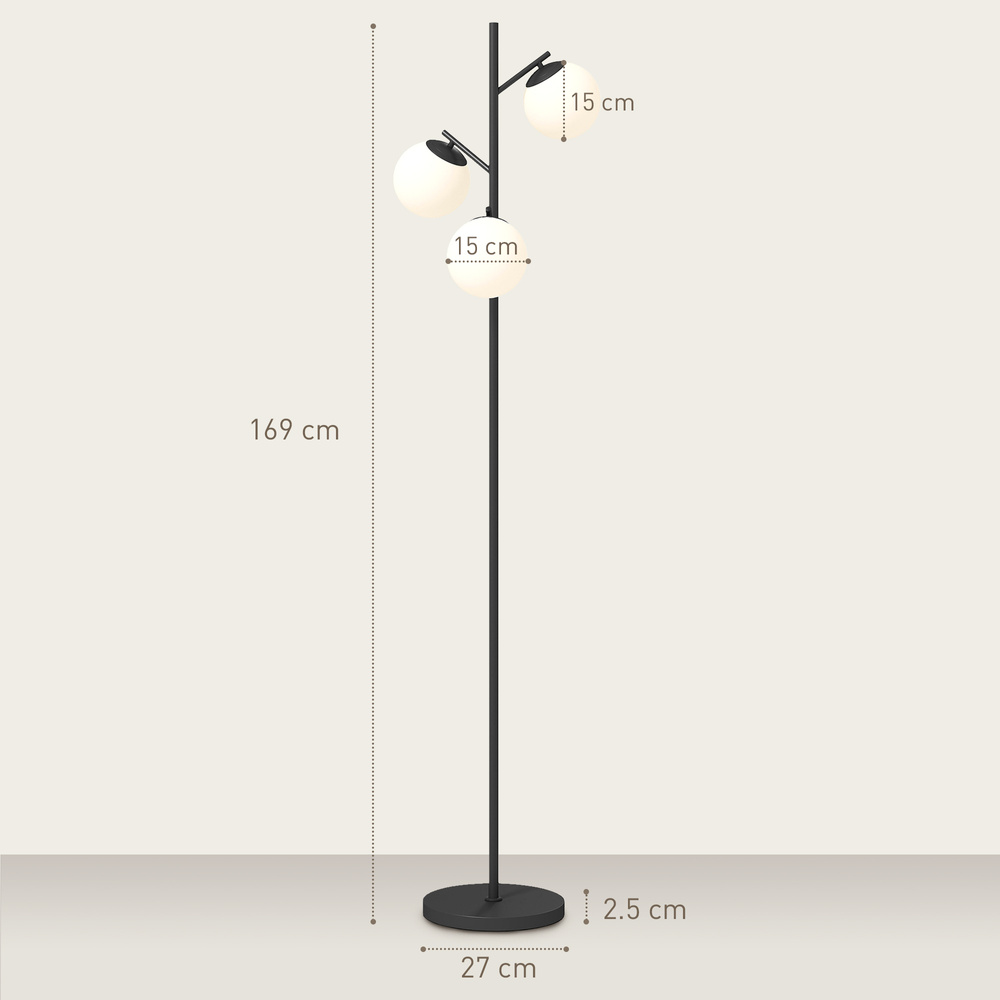 HOMCOM 3-Light Tree Floor Lamps for Living Room, Modern Standing Lamp for Bedroom with Globe Lampshade, Steel Base, Bulb not Included, Black